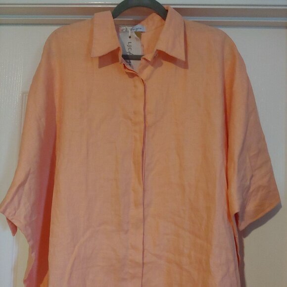 LJC Designs 100% Linen OS Oversize Lagenlook Peach Short Sleeve Button Top - Picture 3 of 6